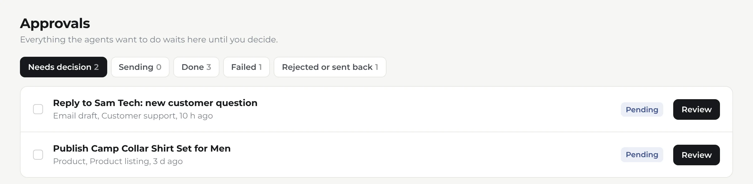 Approvals: a customer reply and a product waiting for a decision