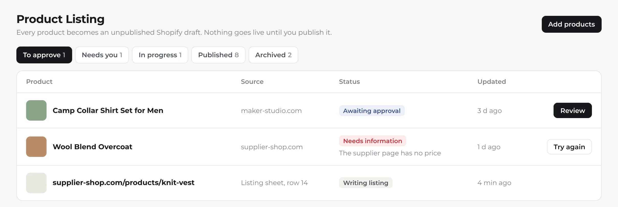 Product Listing: one product awaiting approval, one needing information and one being written