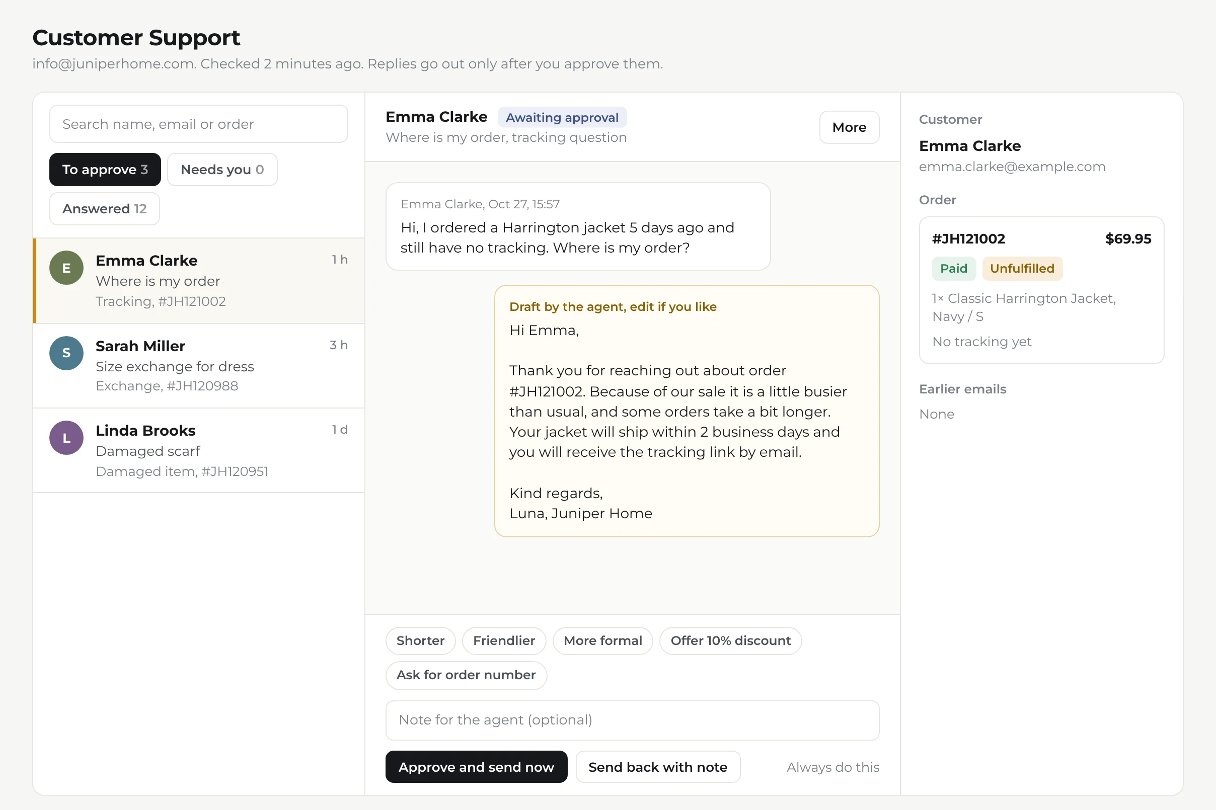 Customer Support: a customer asks about her order and the agent's drafted reply waits for approval